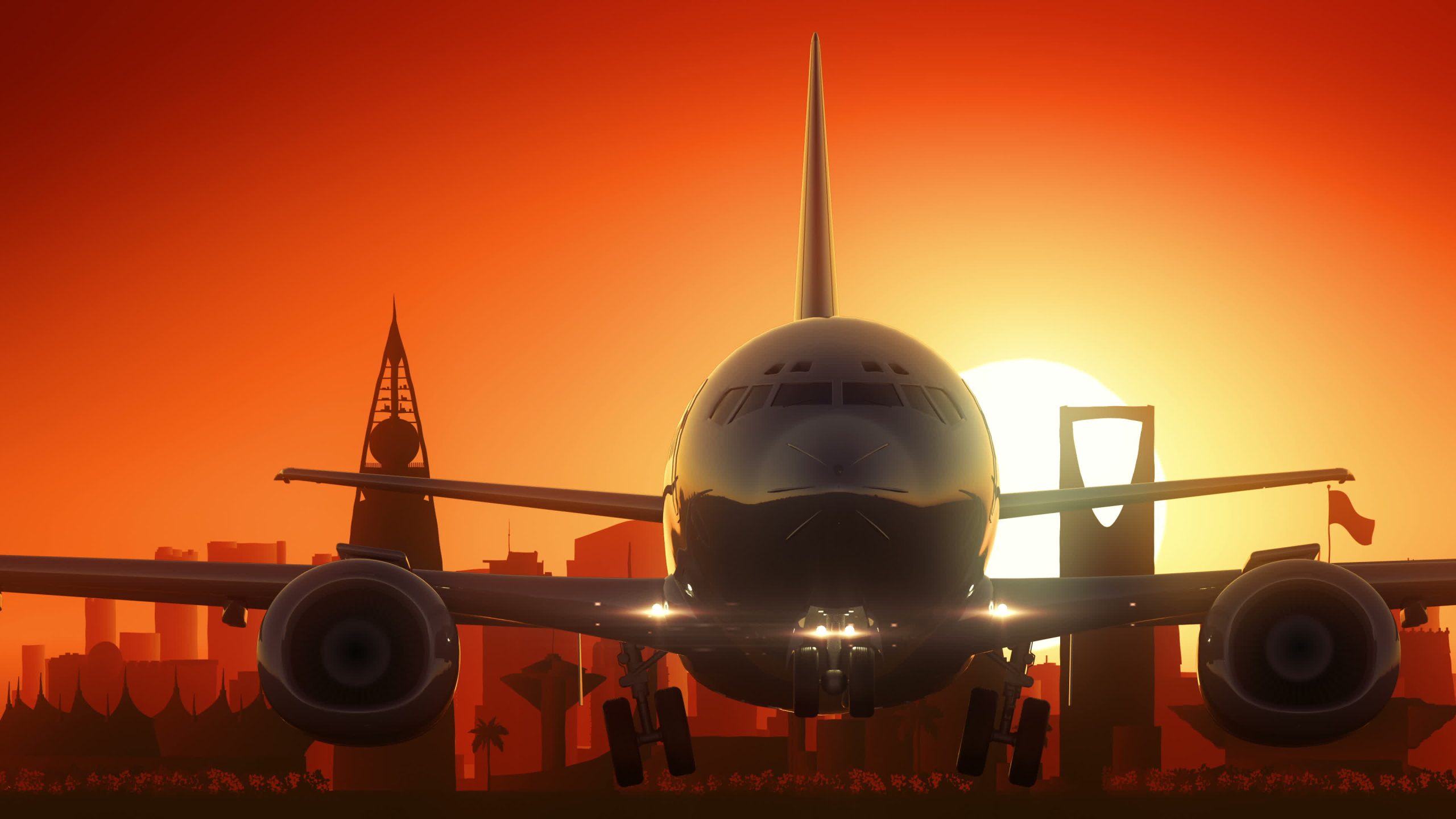 Riyadh Airplane Take Off Skyline Golden Background